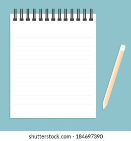 White notebook with lines can shred and pencil. vector illustration