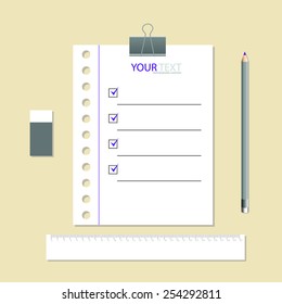 White notebook with lines can shred and pencil. vector illustration