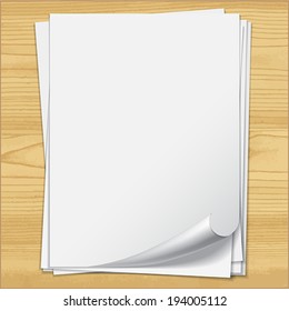 White notebook paper sheets isolated on wood background.    Vector illustration. 