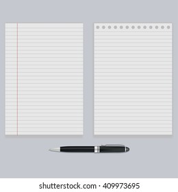 White notebook papers with lines and black pen on the background. Vector realistic illustration
