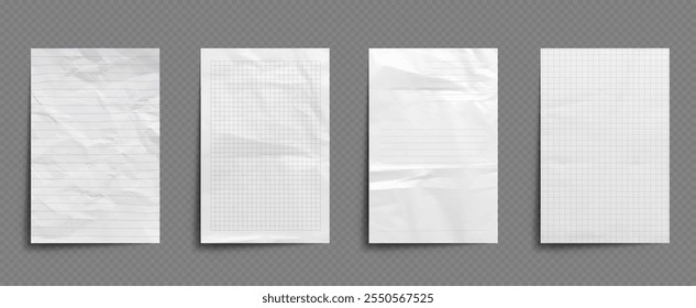 White notebook sheet. Old school paper with crumpled effect mockup. Line and checkered notepad page design for poster or realistic flyer. Abstract rough journal piece with grid pattern illustration