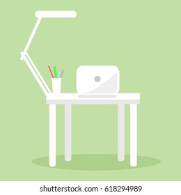 White notebook, table lamp and several pencils and pens on workplace. Futuristic workspace vector illustration. White desk with computer and lamp on it isolated on green background cartoon style