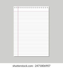 White notebook vector paper with gray and red lines. white realistic sheet of lined paper isolated on a gray background. notepad or notebook