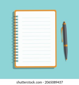 Boletín blanco con líneas y un bolígrafo. Bloc de notas y bolígrafo aislados en segundo plano. Ilustración vectorial de estilo plano. Página de notas del Libro Blanco. Plantilla para texto para diseño web o publicidad.