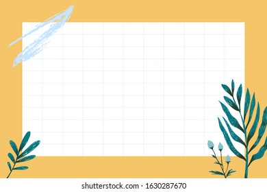White notepad on yellow background. Design space and copy space. Fantasy floral leaf art illustration. Decoration elements vector.