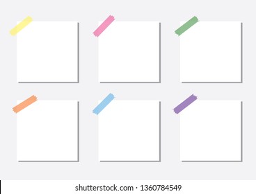 White notepad paper sheet and sticky tap on light grey color background, vector illustration. Note paper for reminding or notice design.