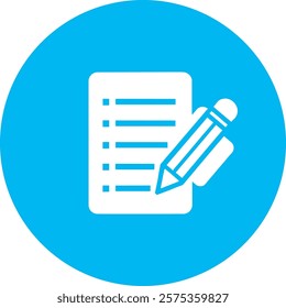 A white notepad with a pencil icon on a light blue circular background, symbolizing creativity, organization, and productivity. The design reflects a thoughtful and purposeful approach, ideal for work