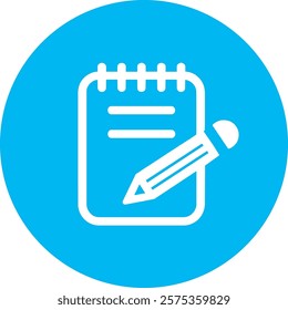 A white notepad with a pencil icon on a light blue circular background, symbolizing creativity, organization, and productivity. The design reflects a thoughtful and purposeful approach, ideal for work