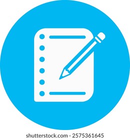 A white notepad with a pencil icon on a light blue circular background, symbolizing creativity, organization, and productivity. The design reflects a thoughtful and purposeful approach, ideal for work