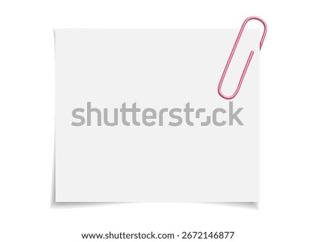 White notepaper attached with a colored paperclip. Empty sheet template for your text or message. Flat vector design