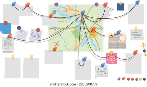 White notes connected with strings and push pins. Blank paper template