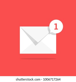 white notification 1 email icon with speech bubble. concept of online talk or speak by messages or full mail box like correspondence. trend simple ui logotype graphic design isolated on red background