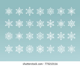 White nowflakes symbols collection isolated on blue background. Vector illustration. Set of snowflake icons.