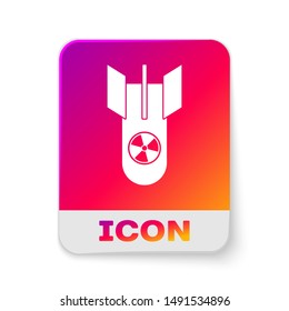 White Nuclear bomb icon isolated on white background. Rocket bomb flies down. Rectangle color button. Vector Illustration