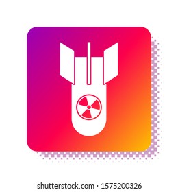 White Nuclear bomb icon isolated on white background. Rocket bomb flies down. Square color button. Vector Illustration