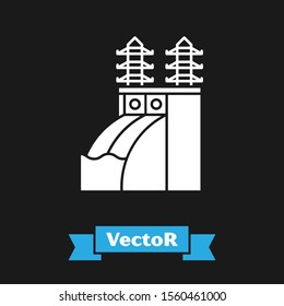 White Nuclear power plant icon isolated on black background. Energy industrial concept.  Vector Illustration