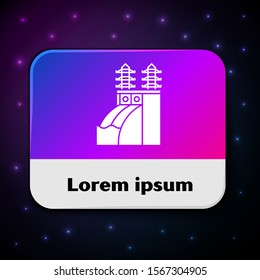 White Nuclear power plant icon isolated on black background. Energy industrial concept. Rectangle color button. Vector Illustration