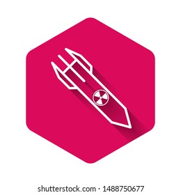 White Nuclear rocket icon isolated with long shadow. Rocket bomb flies down. Pink hexagon button. Vector Illustration