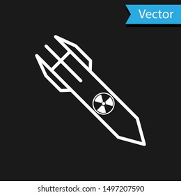 White Nuclear rocket icon isolated on black background. Rocket bomb flies down.  Vector Illustration