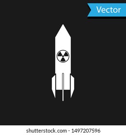 White Nuclear rocket icon isolated on black background. Rocket bomb flies down.  Vector Illustration