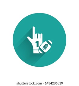 White Number 1 one fan hand glove with finger raised and american football ball icon isolated with long shadow. Set of sport equipment. Green circle button. Vector Illustration