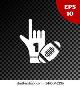 White Number 1 one fan hand glove with finger raised and american football ball icon isolated on transparent dark background. Set of sport equipment.  Vector Illustration