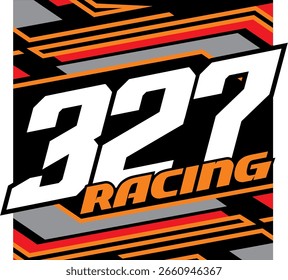 White number 327 vector and RACING text, abstract colorful lines background, modern design icon.