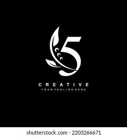 white number 5 logo with luxury gold leaf ornament. 5 flourishes, 5 monograms, typography. feather logo. 5 premium designs. suitable for logos for birthdays, celebrations, anniversaries, years, etc.