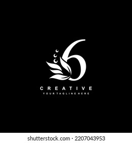 white number 6 logo design with flourish ornaments. logo 6 with floral and leaf ornaments. 6 beautiful logo. luxury number 6 logo design