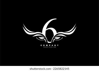Diseño del logo blanco número 6 con adorno de plumas en forma de ala. emblema de monograma, logotipo de tipografía. letras iniciales. adecuado para logotipos de empresas, empresas, cumpleaños, cumpleaños, aniversarios, etc