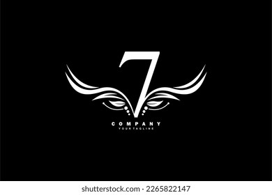 Diseño del logo blanco número 7 con adorno de plumas en forma de ala. emblema de monograma, logotipo de tipografía. letras iniciales. adecuado para logotipos de empresas, empresas, cumpleaños, cumpleaños, aniversarios, etc