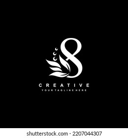 diseño de logotipo blanco número 8 con adornos floridos. logotipo 8 con adornos florales y de hojas. 8 bello logo. diseño de logotipo de lujo número 8