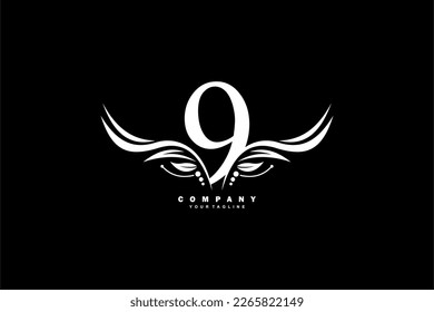 White number 9 logo design with wing shaped feather ornament. monogram emblem, typography logo. initial letters. suitable for business logos, companies, birthdays, birthdays, anniversaries, etc