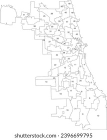 White numbered flat vector administrative map of the CHICAGO CITY COUNCILS, ILLINOIS with black border lines of its wards