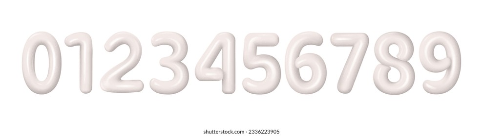 White numbers from 0 to 9. A set of white plastic volumetric numbers 0, 1, 2, 3, 4, 5, 6, 7, 8, 9 with highlights. Collection of realistic volume rendering figures. Vector illustration