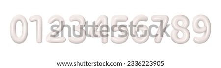 White numbers from 0 to 9. A set of white plastic volumetric numbers 0, 1, 2, 3, 4, 5, 6, 7, 8, 9 with highlights. Collection of realistic volume rendering figures. Vector illustration