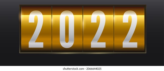 White numbers 2022 on golden background. Mechanical scoreboard. Realistic mechanical counter. Vector illustration