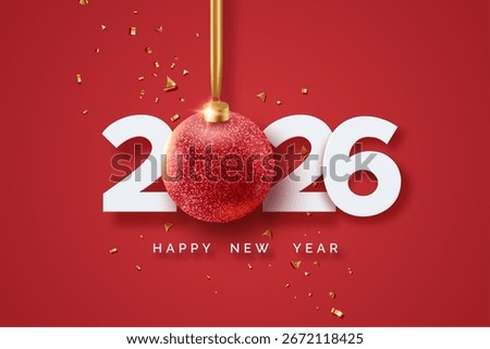 White numbers 2026 with glitter red bauble hang on ribbon and golden confetti on red background. New Year 2026 greeting card