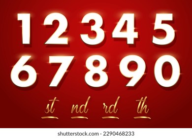 White numbers with gold frames and golden ribbons ending of the words isolated on red background. Vector festive design elements for Birthday, anniversary or holydays.