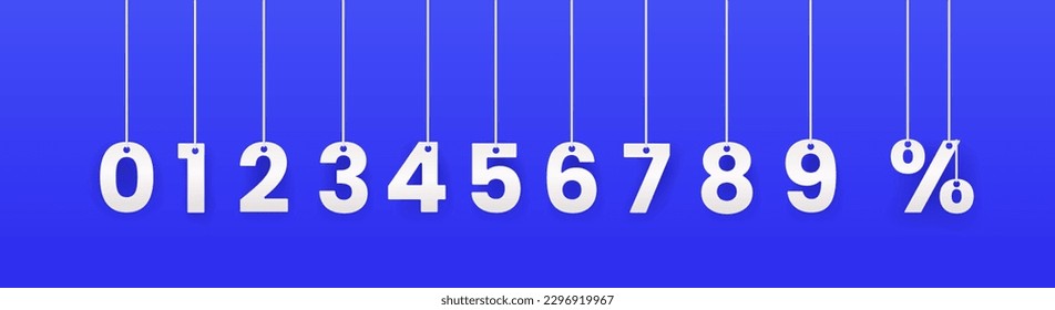 White numbers hanging on a rope or thread on blue isolated background. Bold numbers on the ropes. Vector illustration