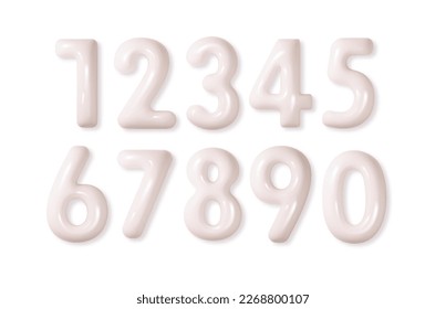 White numbers inflated pastel glossy set from 0 to 9 isolated. 3d realistic vector numbers from balloon.