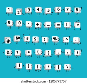 White numbers, math symbols, calculator, punctuation on keyboard computer with legs and arms like funny little men on blue background