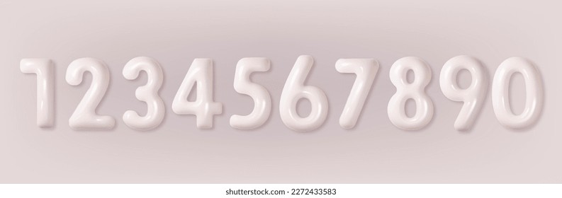 White numbers set 3d realistic. Pastel glossy collection inflated font number 1,2,3,4,5,6,7,8,9,0. Decorative elements for banner, cover, birthday or anniversary party.