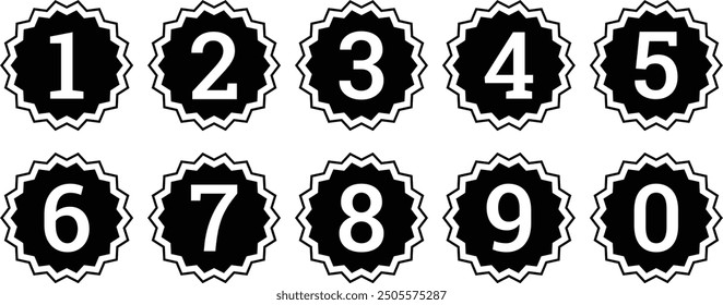 white numbers symbol with black wave circle. from 0 to 9. number button vector illustration.