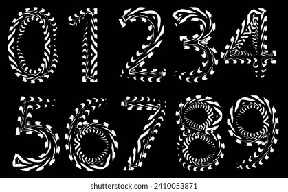 white numerals. Creative numeral. Geometric design.Line art optical art. Psychedelic background. Monochrome background. Optical illusion style. Black dark background