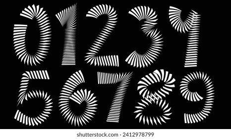 white numerals. Creative numeral. Geometric design.Line art optical art. Psychedelic background. Monochrome background. Optical illusion style. Black dark background