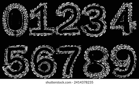  números blancos. Número creativo. Diseño geométrico.Arte óptico de línea. Fondo psicodélico. Fondo monocromo. Estilo de ilusión óptica. Fondo negro oscuro.