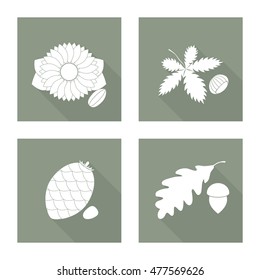 White nut and seed flat icon with long shadow for design. Autumn set. Vector illustration.