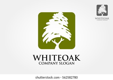 White Oak Tree Logo Template. A simple scratch oak tree silhouette on green background. Modern vector sign. Premium quality illustration logo design concept.