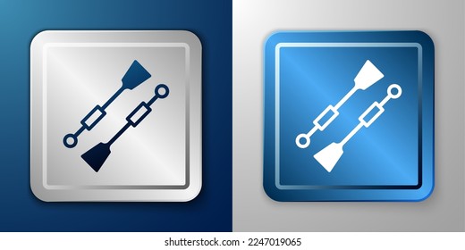 White Oars or paddles boat icon isolated on blue and grey background. Silver and blue square button. Vector